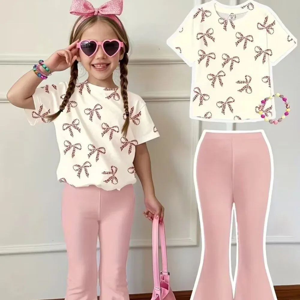 Casual Fashion Short-Sleeve Set w Bow Print Paired w Pink Flared Pants 7-8Y